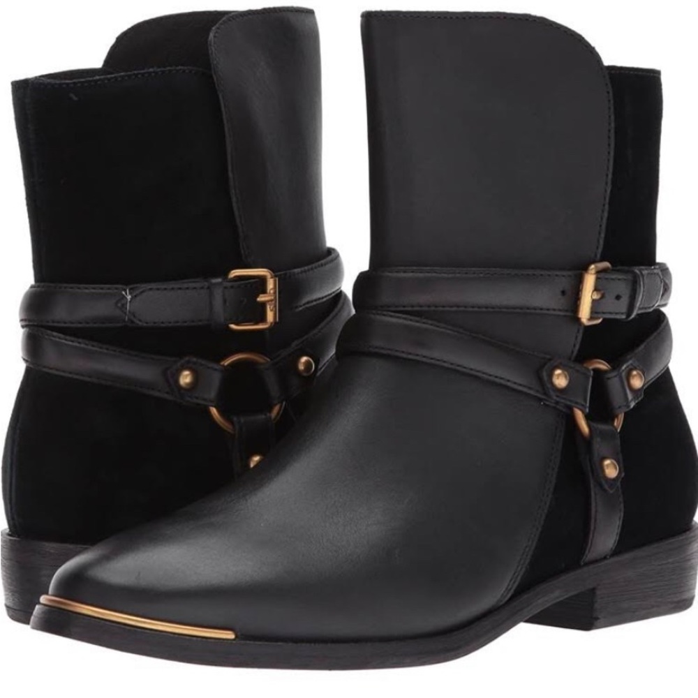 UGG KELBY BLACK LEATHER HARNESS BUCKLE ANKLE BOOTS US 7.5
